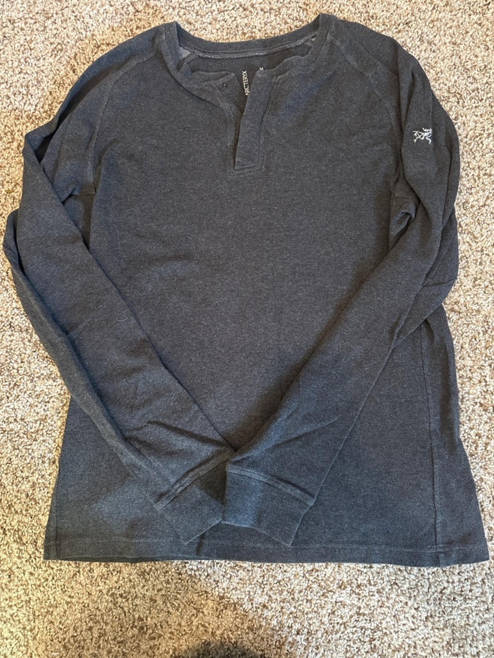 Arc’teryx Men’s Charcoal Long Sleeve Henley Shirt with Small Sleeve Logo